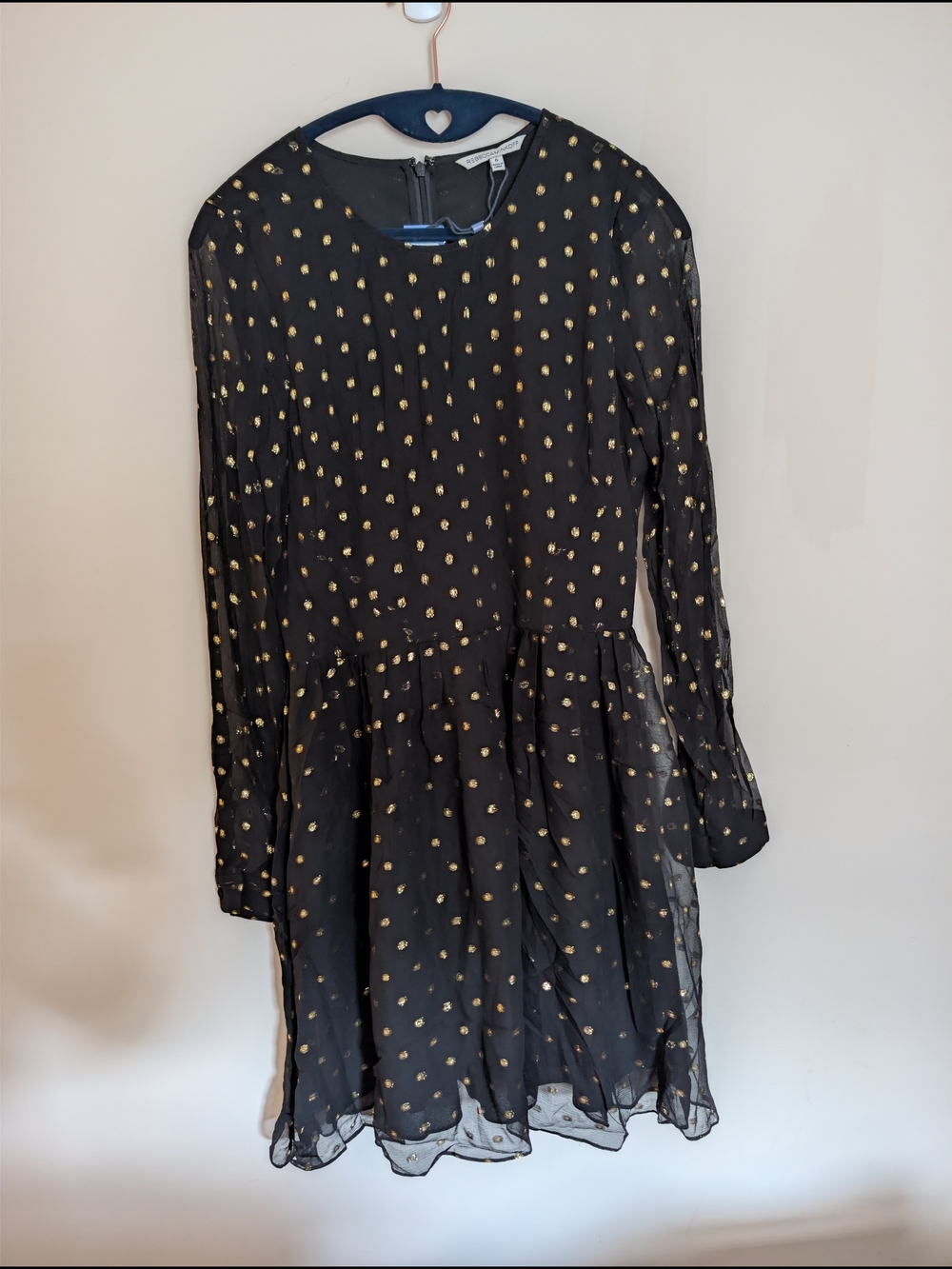 Rebecca Minkoff "Peterson" Dress in Black/Gold Dot Detail 100% Silk Size 6 NWT